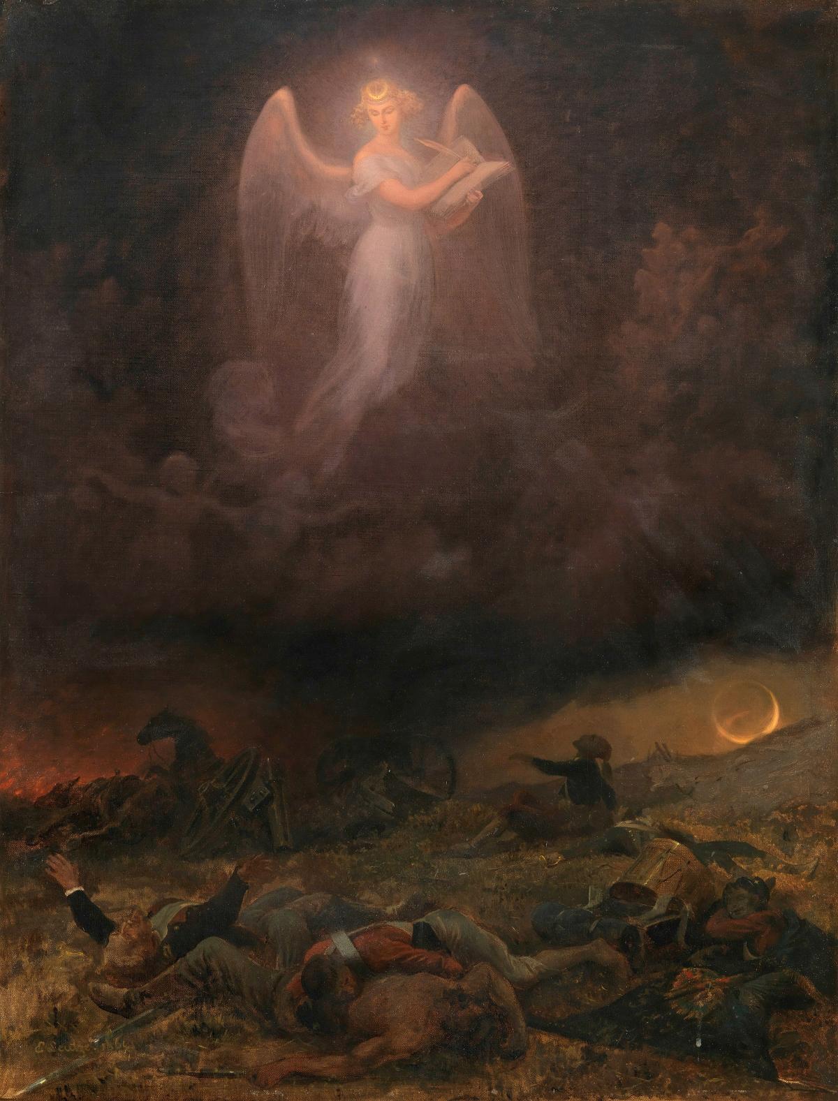vertical painting with an angel hovering over a civil war batlefield.