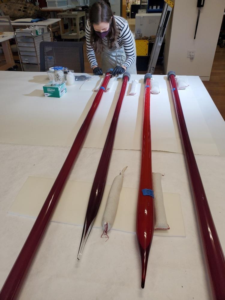 Conservation Fellow Skyler Jenkins cleans the Dale Chihuly Reeds temporarily taken off display.