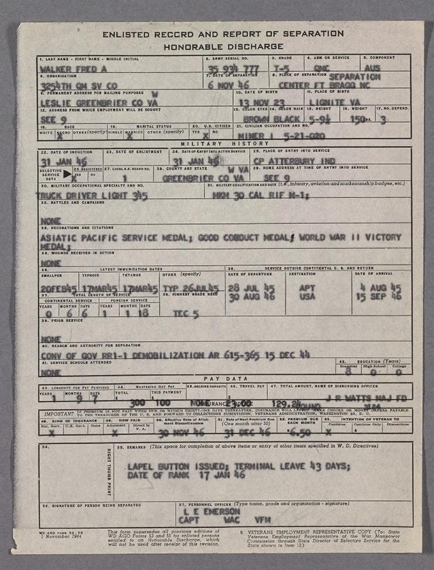 Enlisted Record and Report of Separation Honorable Discharge for Fred A. Walker
