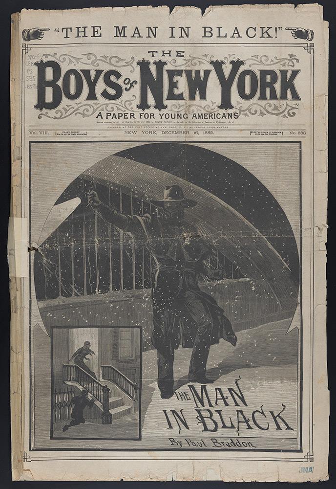 “The Man in Black,” created by Francis W. Doughty, is a cloaked vigilante who appears in Frank Tousey’s Boys of New York story paper.