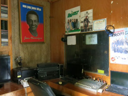 Community radio station in L’Estère, Haiti, June 2016. A poster of Jean Dominique hangs on the wall.
