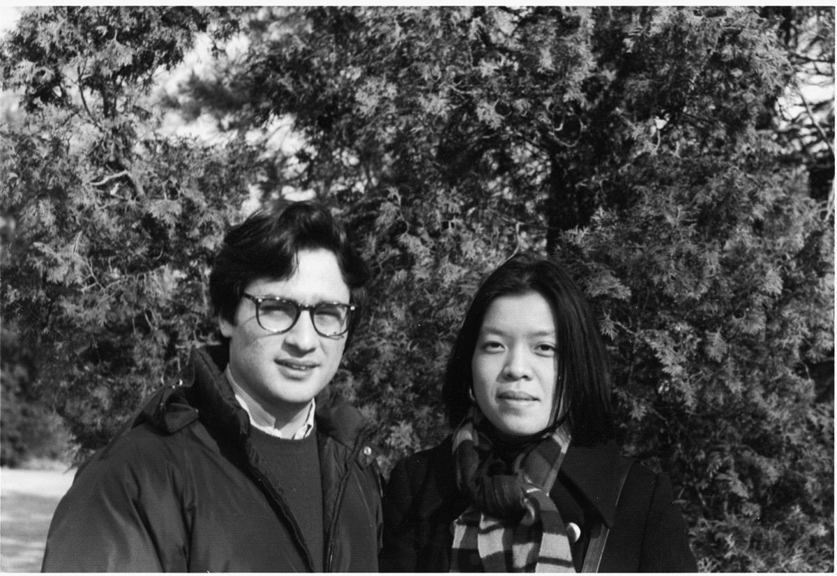 black and white photo of a young Andrew Delbanco and Dawn Ho.