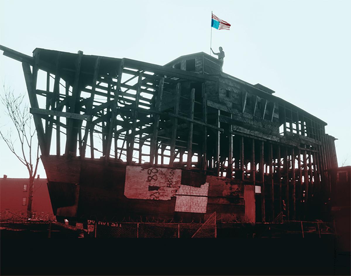 landscape color picture of the entire ark, with Kea standing on top holding a flag