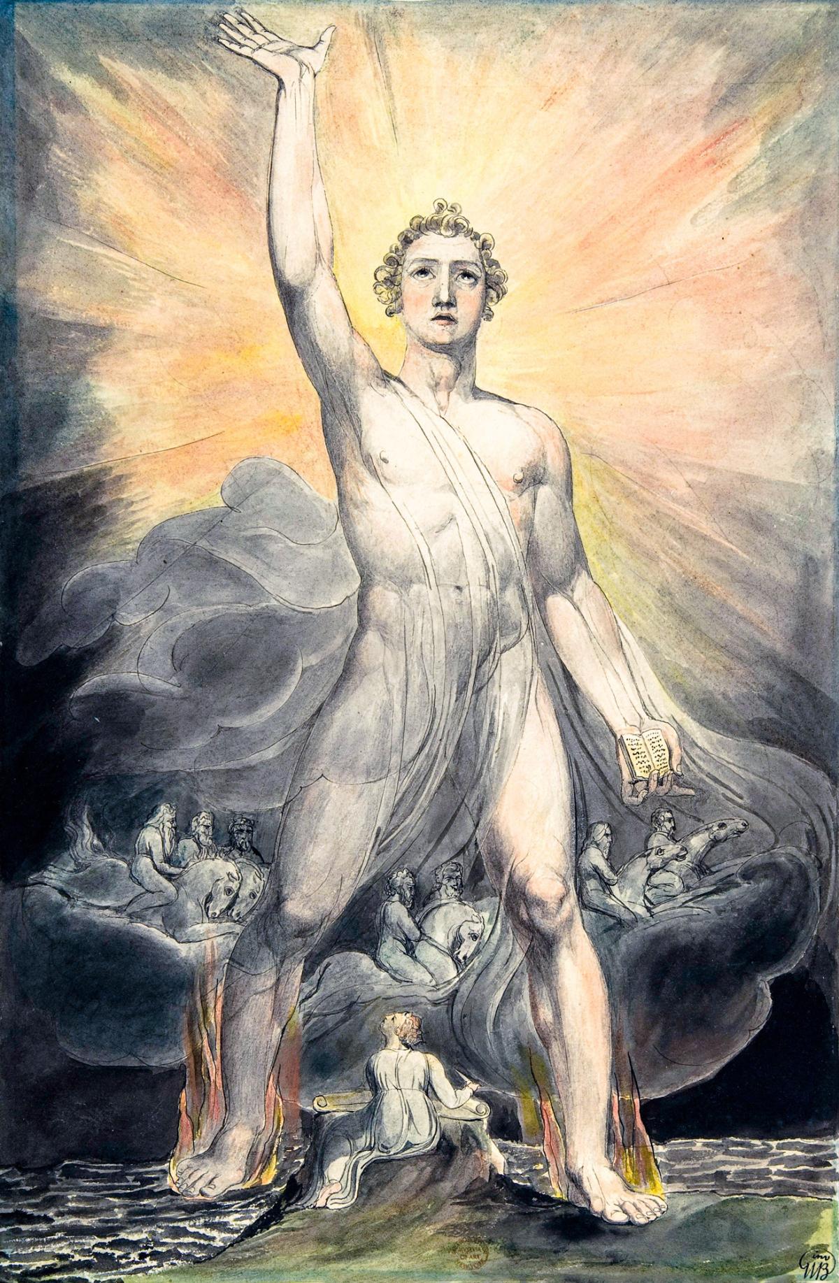 angel with stretched out arm surrounded in light