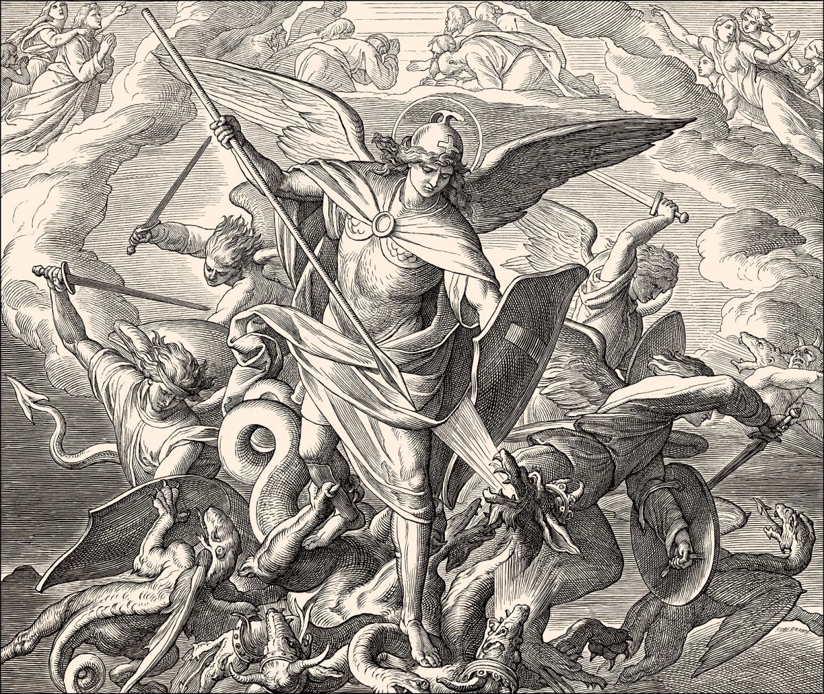 a black and white print of St. Michael during the rapture