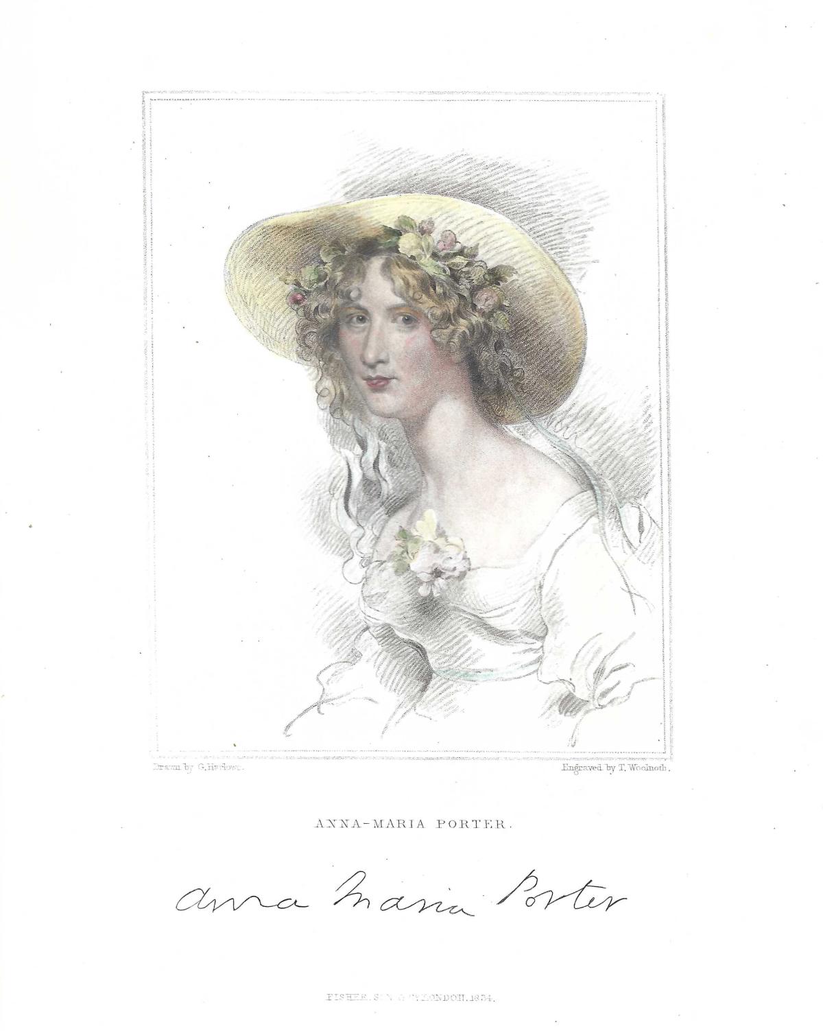 line drawing hand colored portrait of young woman with large hat