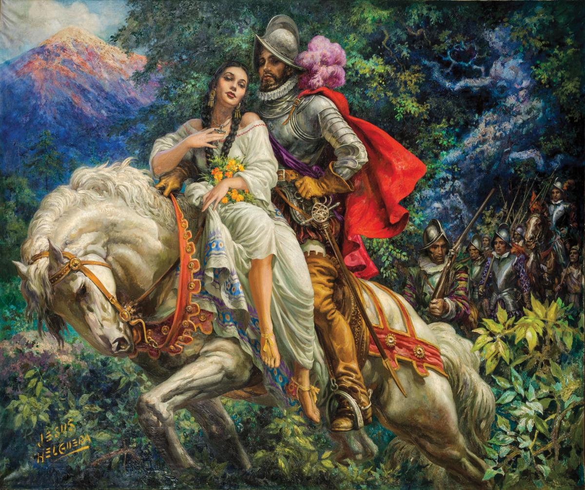 Malinche and Cortes on horseback