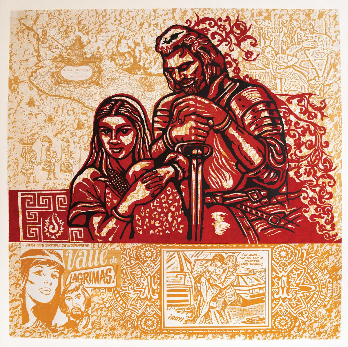 Malinche and Cortes pictured in an illustrative style