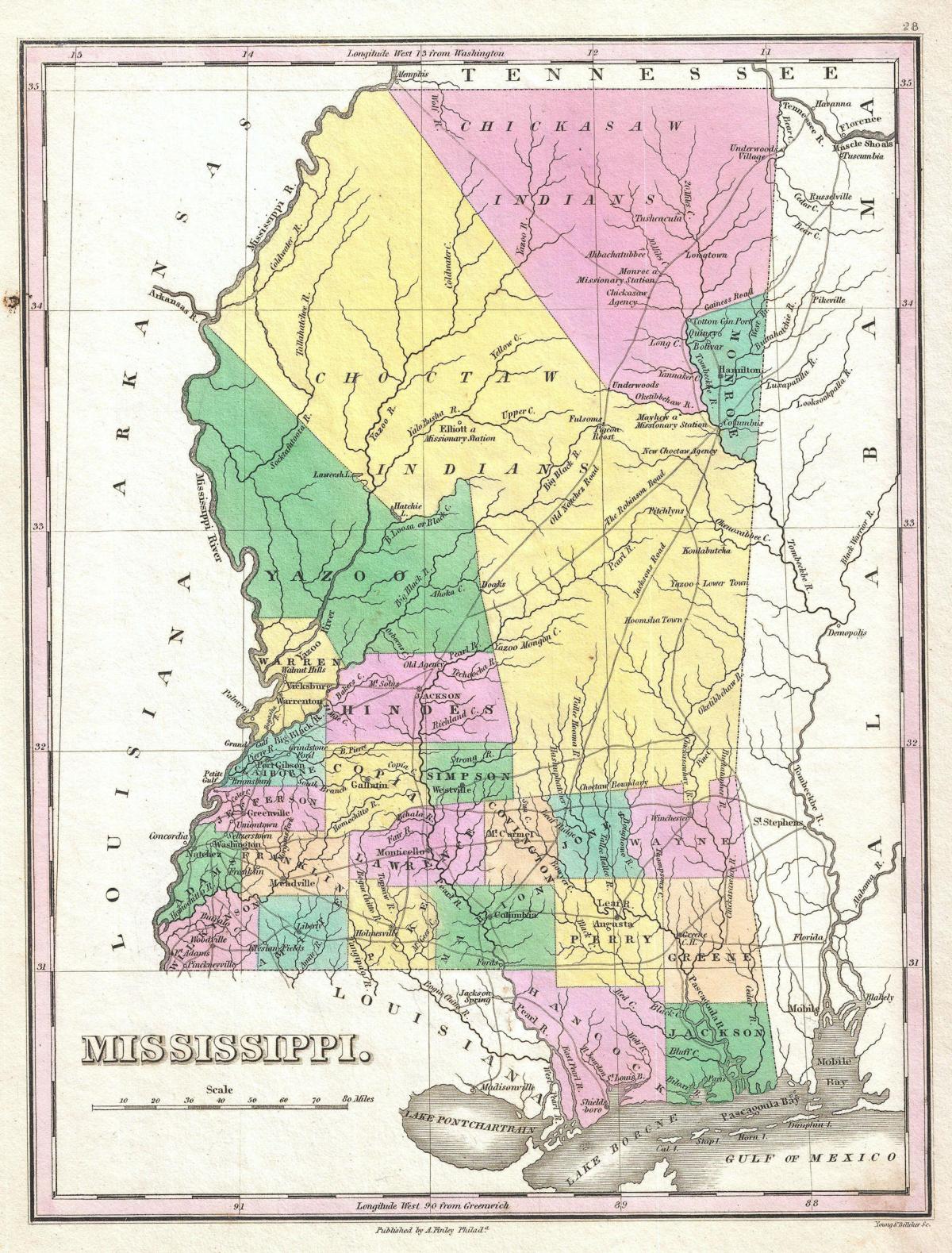 colorful historical map of Mississippi, 1800s