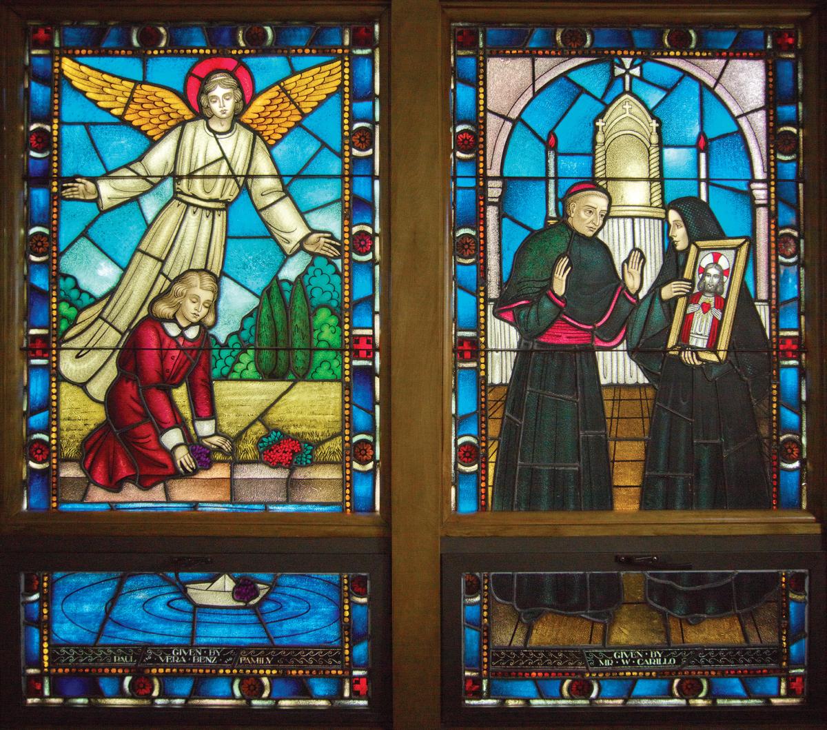 Stained glass window showing Cabrini 