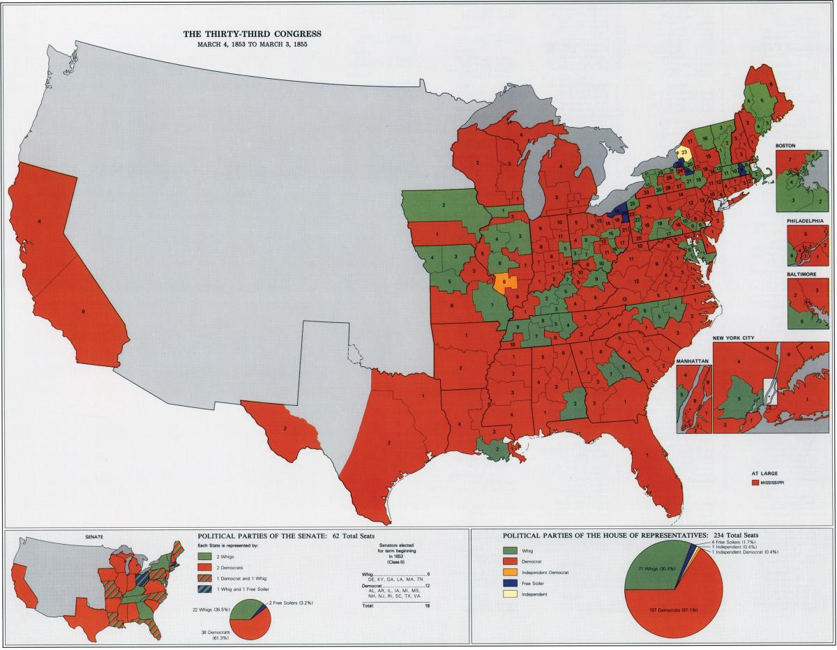 Political map of the 33rd US Congress.