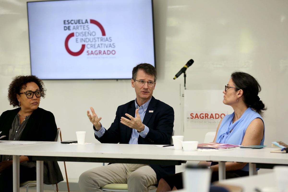 NEA Chair Jackson, Sagrado Corazón University President Gilberto J. Marxuach Torrós, and NEH Chair Lowe participate in a roundtable discussion on arts and humanities in higher education.