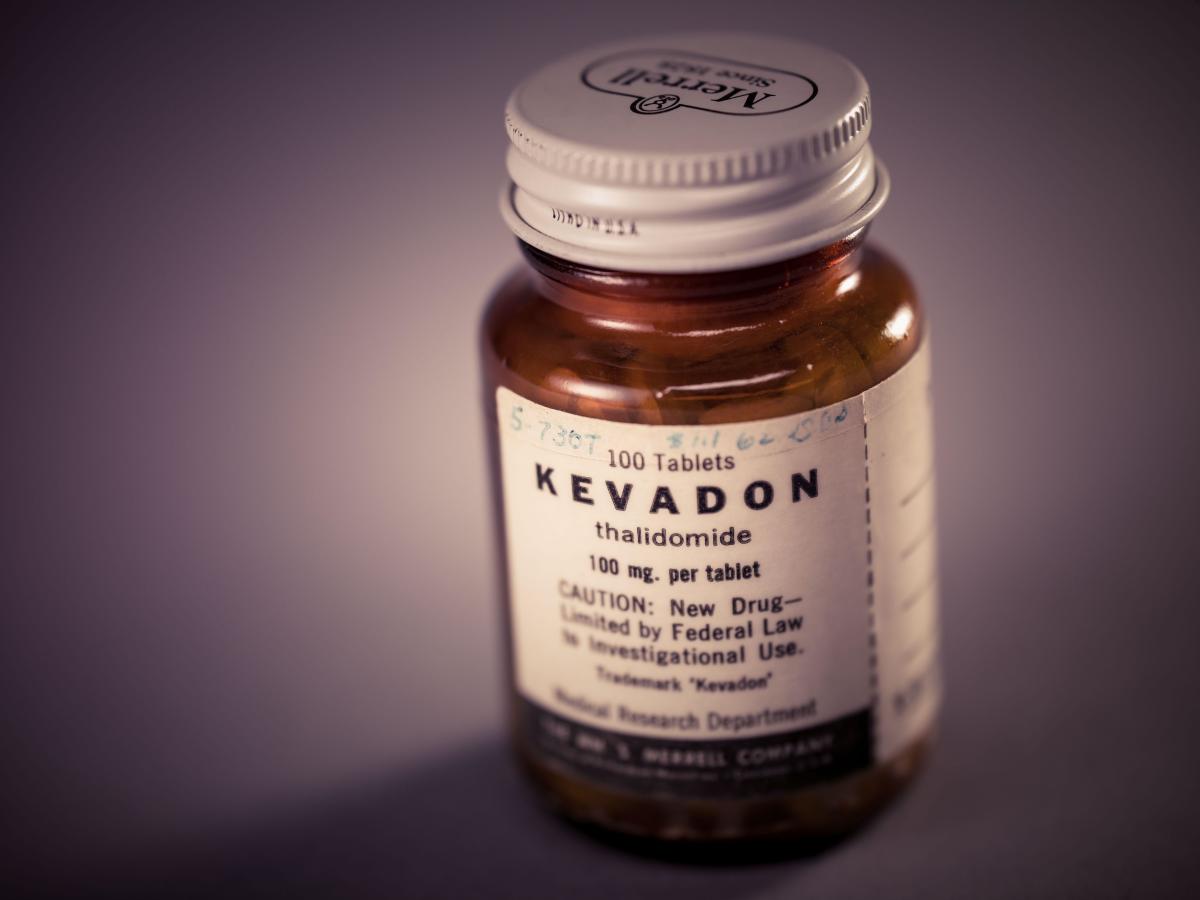 A bottle of thalidomide, sold under the name Kevadon
