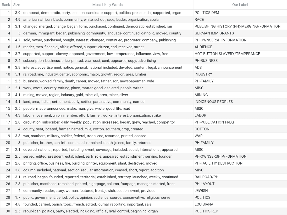 The list of topics generated by the topic modeling algorithm, alongside cluster labels and other cluster metadata 