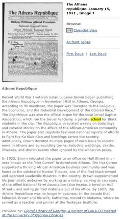 Screenshot of the title essay for The Athens Republique, mentions all-Black schools 