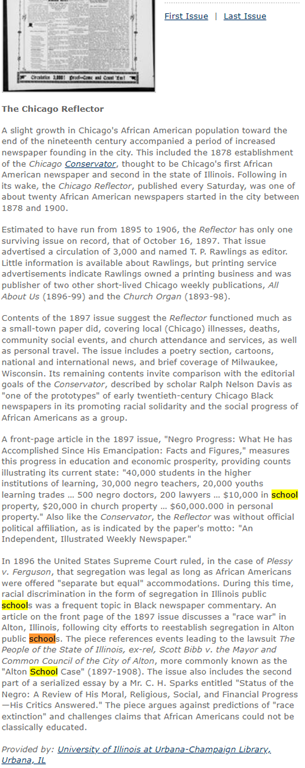 Screenshot of the title essay for The Chicago Reflector, mentions segregation in schools in the late 1800s.