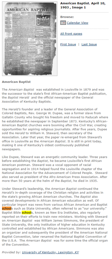 Screenshot of the title essay for The American Baptist, mentions Baptist schools.