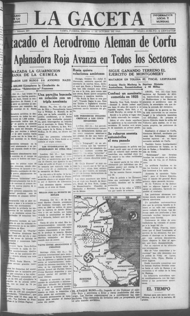 Front page of La Gaceta from October 12, 1943, a Spanish-language newspaper published in Tampa, FL.