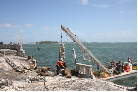 Marine salvage of fragments of the Barge, including the Calder Herm, underway in February 2018, by Underwater Engineering Services Inc. 