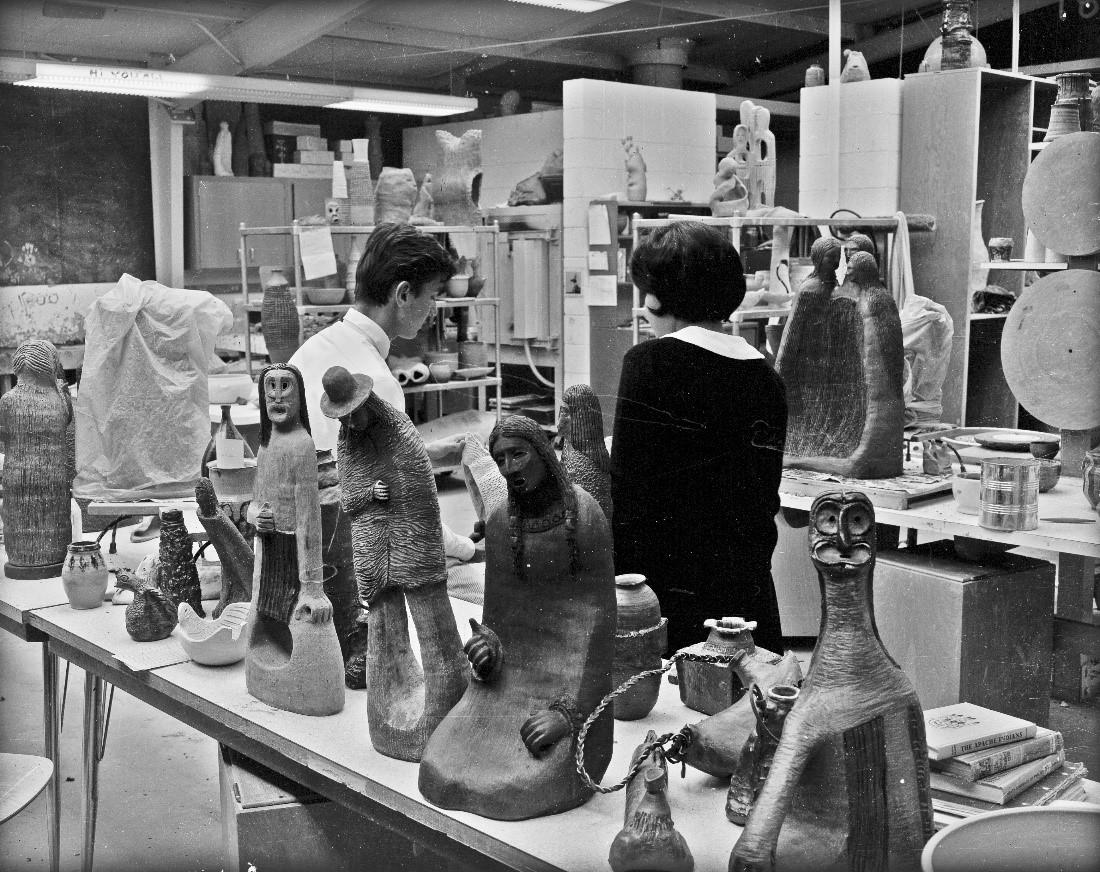 Peter Jones and Karita Coffey in the Ceramics Studio at the Institute of American Indian Arts in Santa Fe, New Mexico, c. 1965. Kay V. Weist Negative Collection, IAIA Archives.