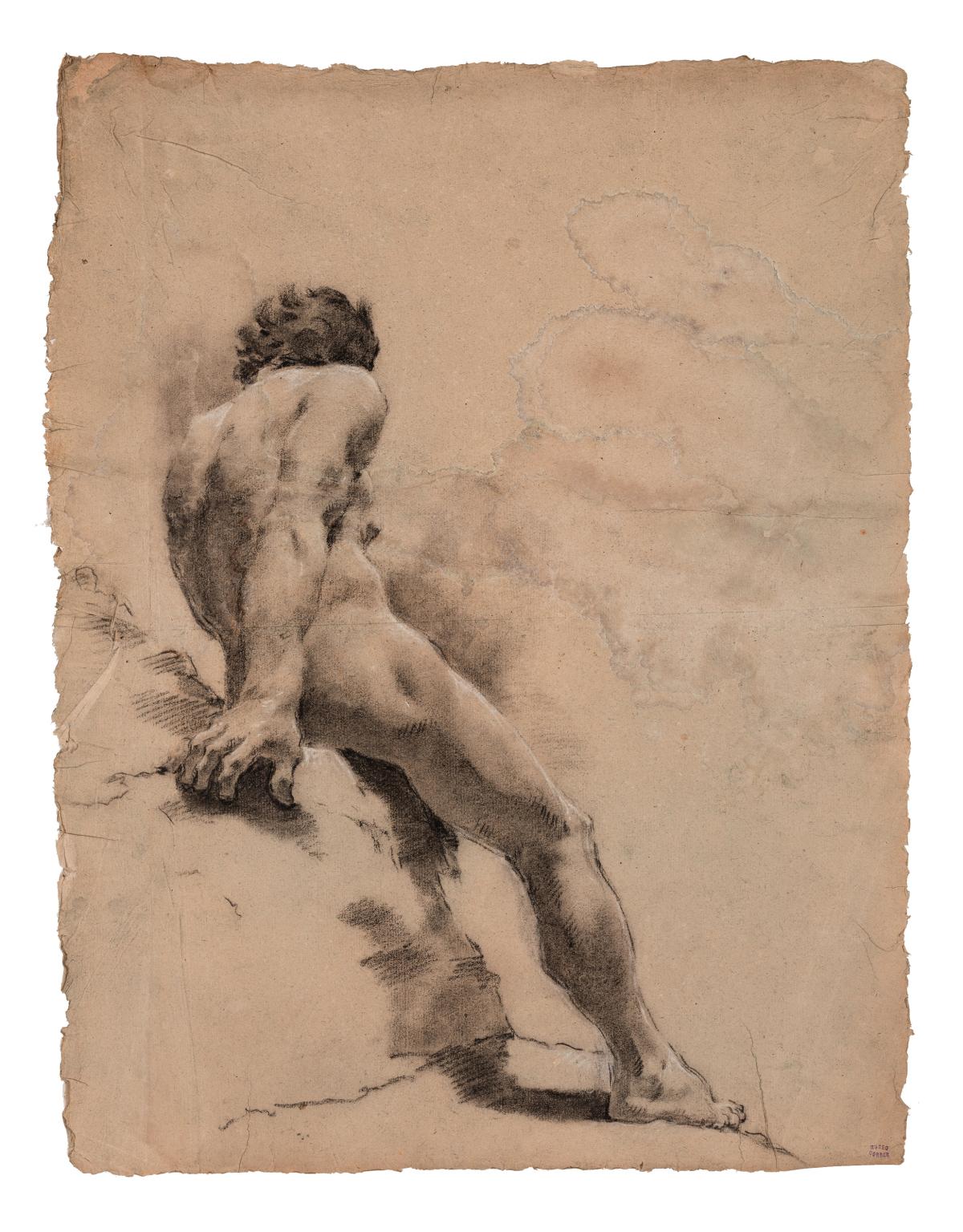 Male nude, shown from behind, leaning on a rock