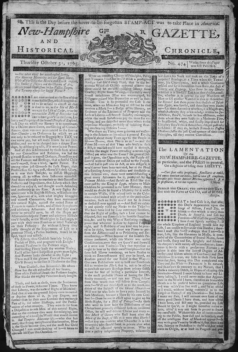 Note the bold lines between the columns of print on the front page of October 31, 1765. This blackening of the leading signaled the colonists’ mourning over their loss of liberty when the British imposed the Stamp Act.
