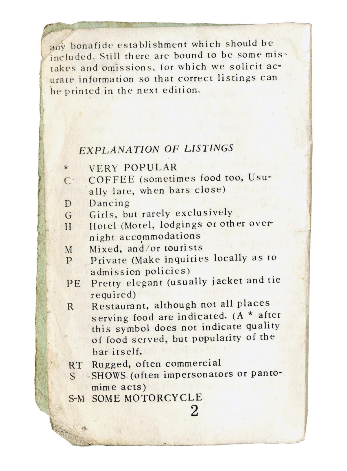 A page from Bob Damron's Address Book with a key to the codes used to describe the guide's listings