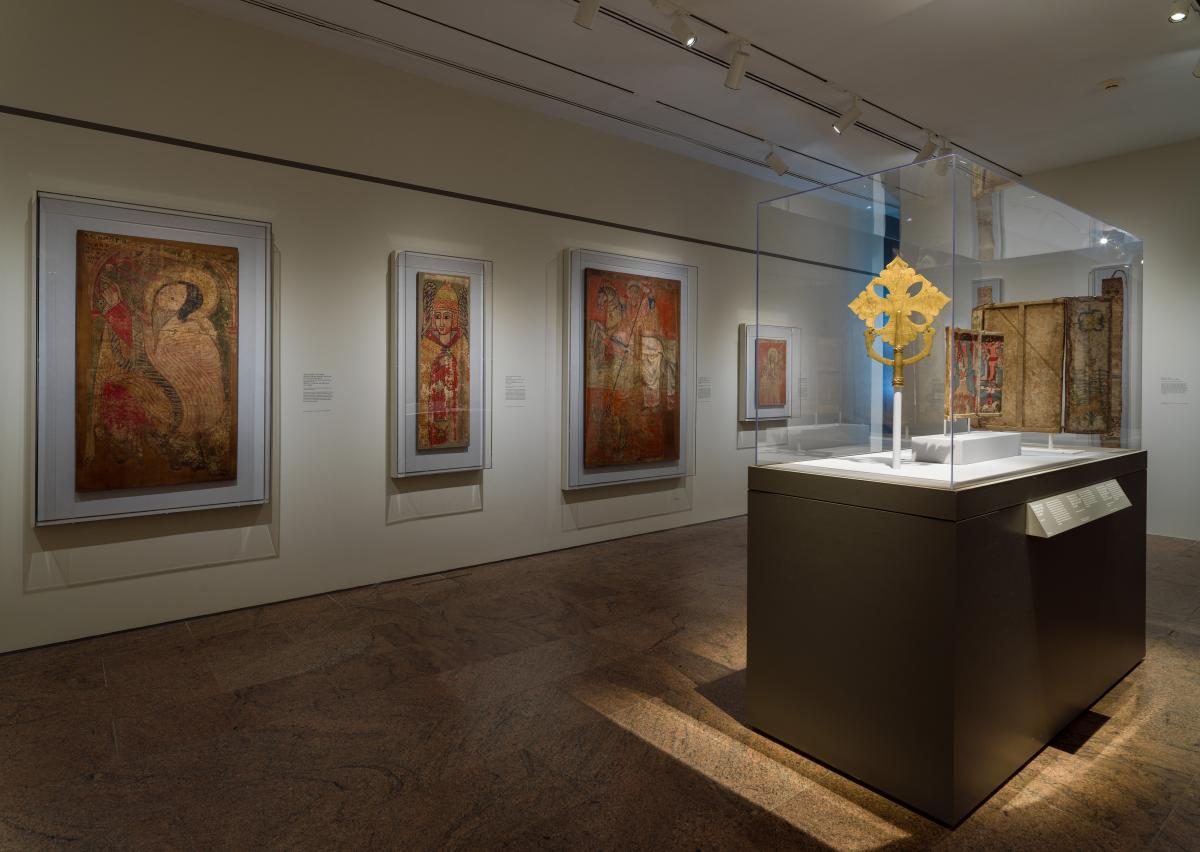 Installation view of a processional cross in the Africa & Byzantium exhibition