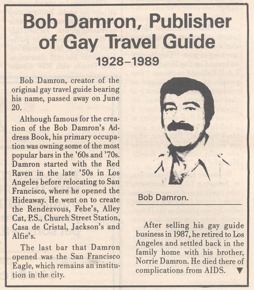 Clipping of Bob Damron's obituary from the Bay Area Reporter
