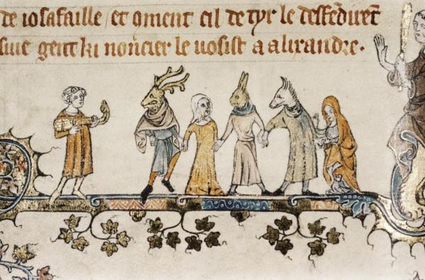A medieval illustration of a musician and five costumed actors.