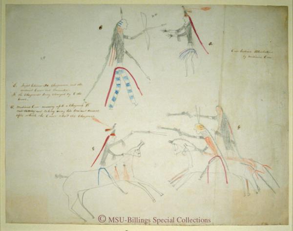 Crow Indian ledger drawing of a Medicine Crow running up to a Cheyenne and taking away his bow and arrows
