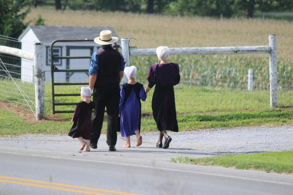 Photo of an Amish family walking down a road