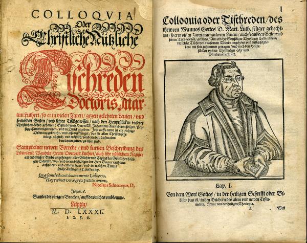 Title page and portrait from a 1581 edition of Martin Luther's writings in German.