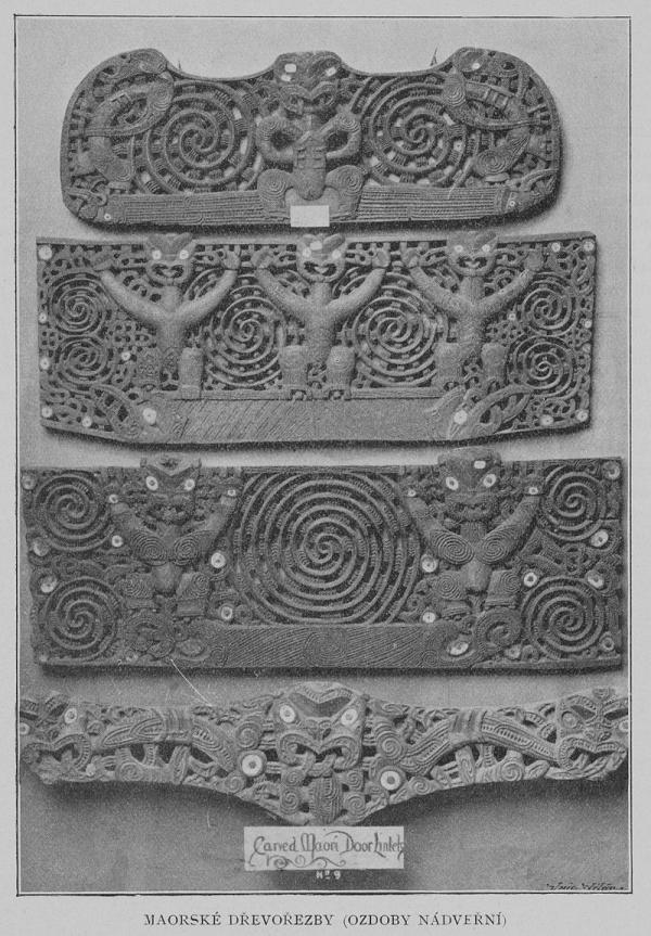 Black and white photo of Maori door lintels, 1901