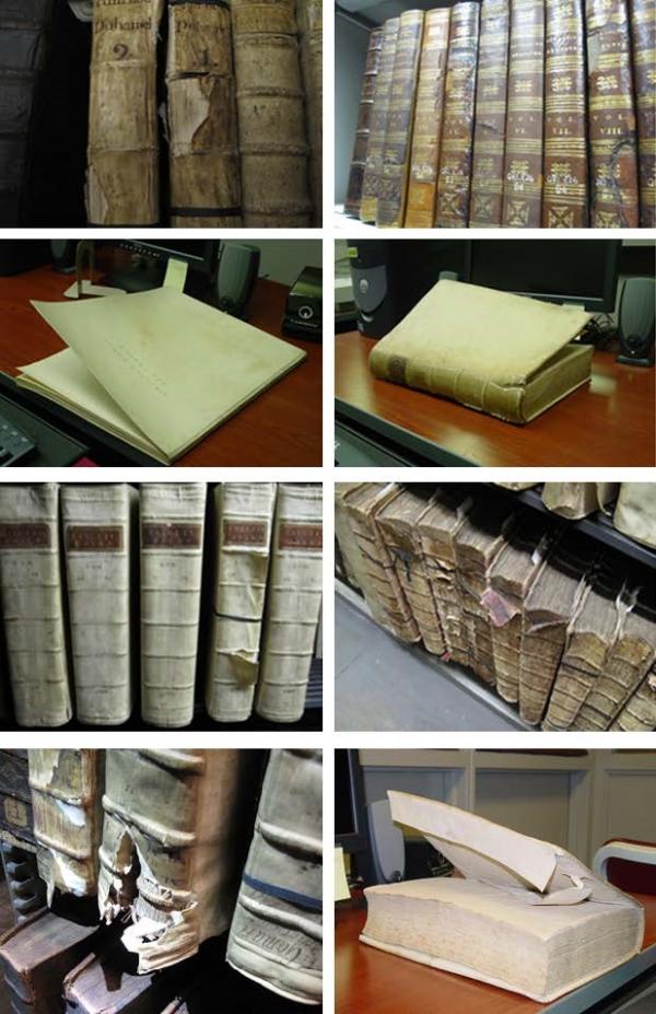 Antique books in various states of preservation.