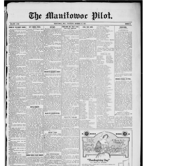 Newspaper front page, Manitowoc Pilot