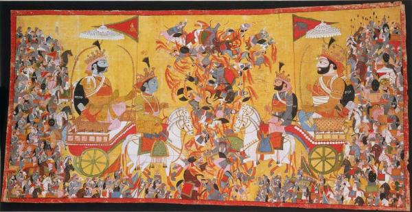 Arjuna and Krishna in a battle chariot against a gold background