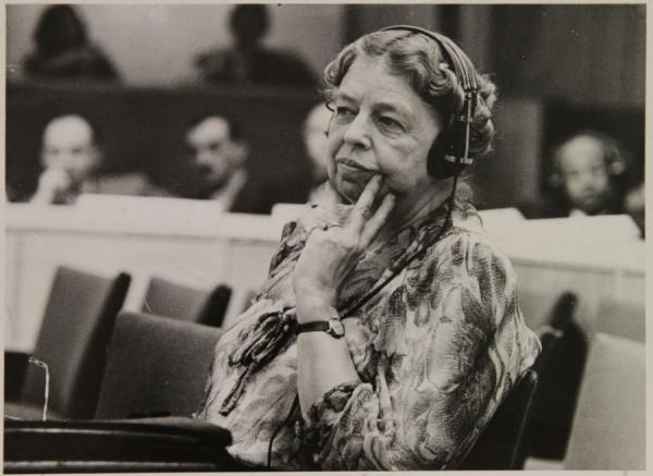 Delegate Eleanor Roosevelt at a meeting of the United Nations, 1947