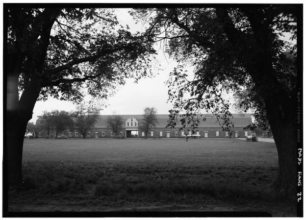 Black and white photo of Fort Larned Barracks in Larned, Kansas