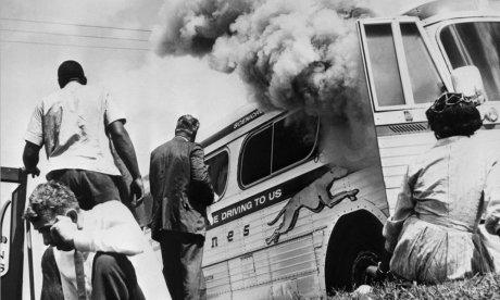 image of a burning bus from the Freedom RIders film