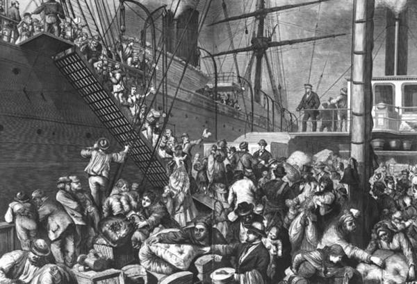 Emigrants embarking on a ship