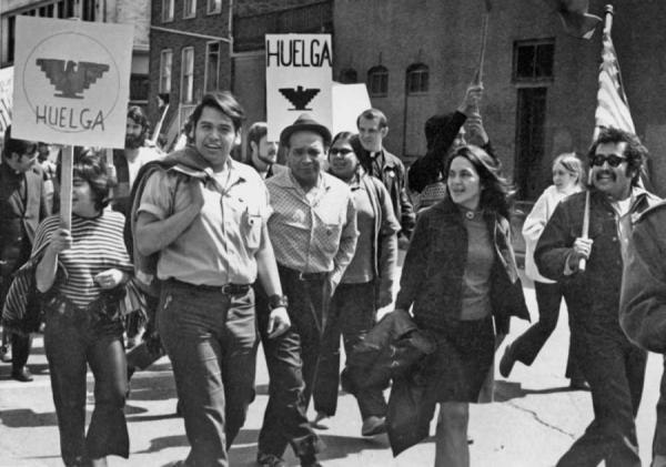 Eliseo Medina, left, and Dolores Huerta at a march. Chicago, Illinois, 1971.