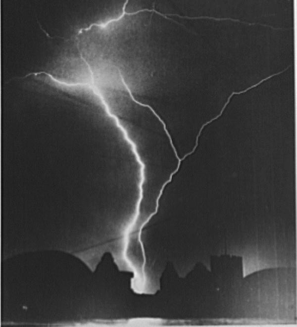 Black and white photograph of a lightning strike