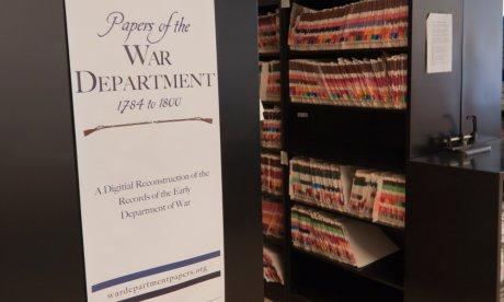 Vertical banner titled, "Papers of the War Department: 1784 - 1800," with an archive in the background filled with files.