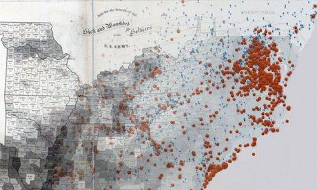 A grayscale map of the American South with red dots indicating the size of the slave population in various towns / cities.