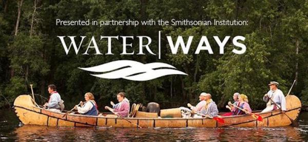 Color flyer for the "Water Ways" program, with people rowing in canoes on a river