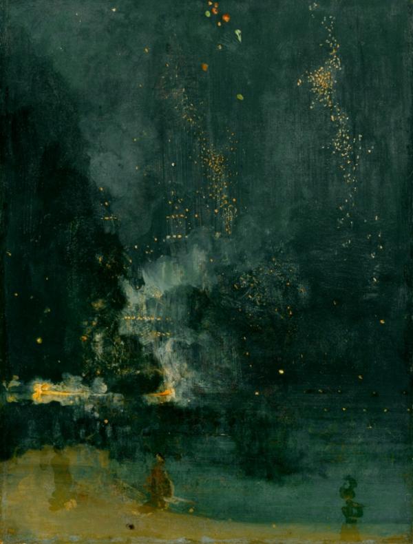 James McNeill Whistler, “Nocturne in Black and Gold, the Falling Rocket,” 1875, oil on panel, 60.2x46.7 cm, Gift of Dexter M. Ferry Jr.