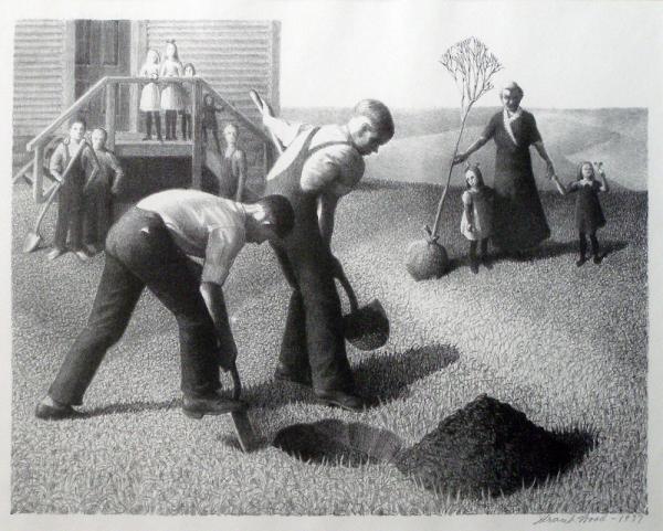 Lithograph on paper of boys digging holes