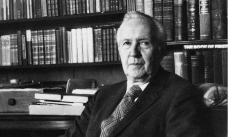 Jacques Barzun in his library, black and white photo