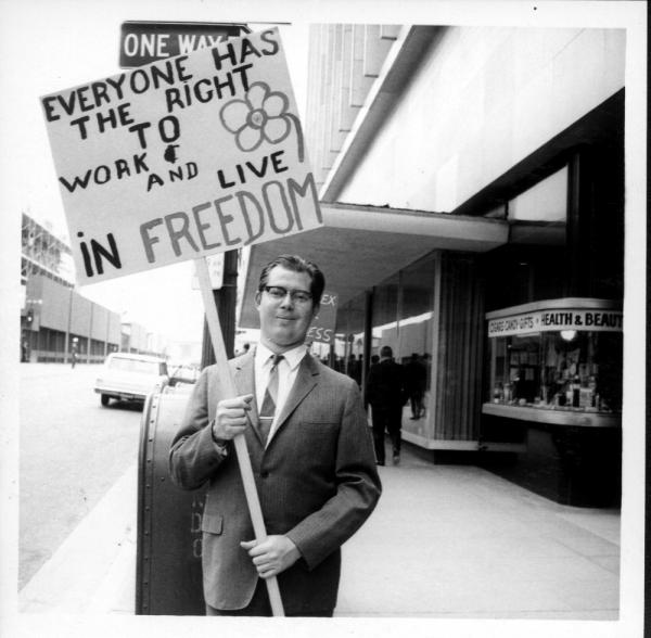 Demonstrator outside the State Steamship Lines, circa May 1969.